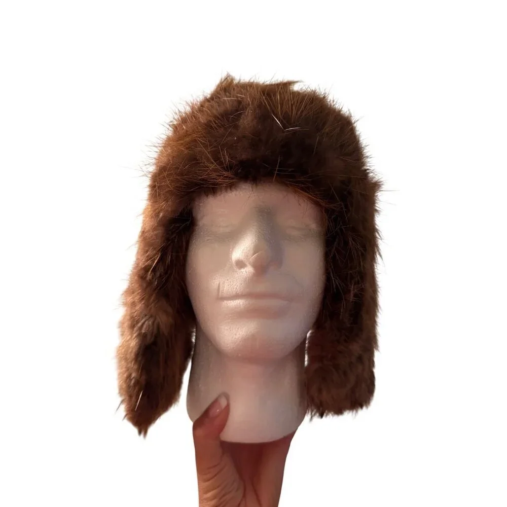 Vintage Beaver Fur Womens Trapper Hat One Size Reddish Brown Earflaps Pom-poms